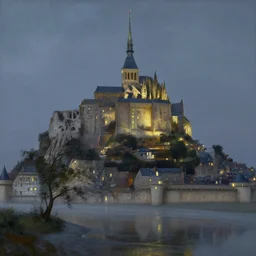 masterpiece oil painting portraying mont saint michel in the style of romanticism landscape painters with a tree on the foreground,beautiful!!!!!!!,misty!!!!!!!!!,detailed!!!!!!!,night sky,evocative,reflection in the water,photorealistic,chiaroscuro,soft lighting