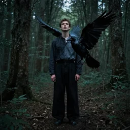 !!!!!! human mixed with a crow, photograph captured in a dark forest