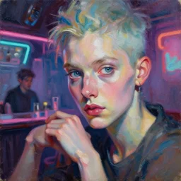 highly detailed expressionist oil painting of cyberpunk bar, neon glow, expressive, impasto, pastel shades, rough canvas textured, dynamic pose, top lighting, fine brush strokes, perfect face, hyper detailed face, digital painting, artstation, concept art, hyper detailed eyes, art by sam spratt and peter mohrbacher and james jean