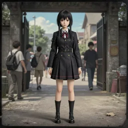 a kodachrome 3 d render full body daguerrotype portrait of a gate keeper girl, finely detailed features, at a busy gate, gapmoe yandere grimdark, trending on pixiv fanbox, painted by greg rutkowski makoto shinkai takashi takeuchi studio ghibli, akihiko yoshida, pixar 3 d, renderman