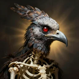 man with bird head, skeleton,
