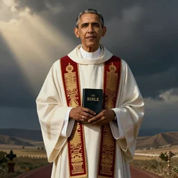 barack obama in a priest's vestaments with a copy of the bible in hand