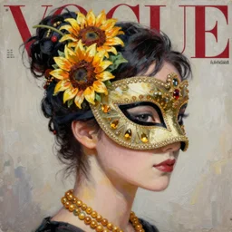 masquerade ball mask, korean audrey hepburn, vogue magazine, elle magazine, greg rutkowski, john singer sargent, trending on artstation, anime, oil painting, side profile portrait, looking right, sunflower jewelry, intricate
