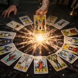 magical cards being cast from a tarot deck