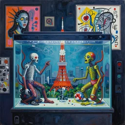 acrylic painting of a bizarre nightmare aquarium in tokyo, mixed media collage by basquiat and jackson pollock, maximalist magazine collage art, retro psychedelic illustration