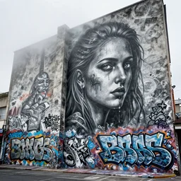 giant walls with amazing graffitis, inky, mist, hyper detailed, photorealistic, hd