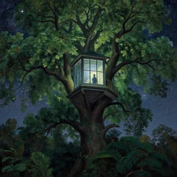 a giant big tall tree lush with leaves and branches, with a big window up in the canopy, someone is inside the window looking out to the milky way. highly detailed painting by gaston bussiere, greg rutkowski 8 k