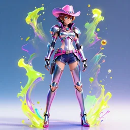 full body disintigrating synthwave cowgirl, character is aigis from persona 3 by yoji shinkawa, bright colors, illusion, metallic, armor, stunning, breathtaking, digital render, line art, lunar cyberpunkcity as backdrop by greg rutkowski, de - noise, 8 k, volumetric lighting, detailed contrast, scattered mist, glow, rim light