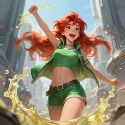 champion splashart of beautiful cute athletic red haired joyful and playful nineteen year old maiden in a futuristic city, casual green clothing, long hair, attractive face and body, rpg character, sci - fi, fantasy, intricate, elegant, digital painting, artstation, concept art, 8 k frostbite 3 engine, ultra detailed, hyperrealism, art by artgerm, magali villeneuve