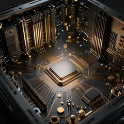 the art of the inside of a computer by mia brownell, procedural psychedelic computer chips architecture, very detailed, maximalism, ambient occlusion, volumetric light, atmospheric haze, hyper realism, black and gold shading, cinematic composition, realistic render, photorealistic, wide shot