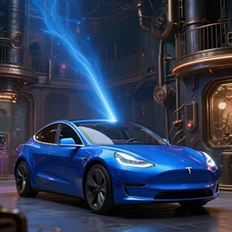 photography of a hyper realistic tesla blue electric arc, steam punk background. high detail, professional digital art, unreal engine 5 8 k rendering