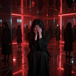 a dark mind in a nightmare is aware of betrayal sadness and despondency of a schizophrenic in a red hyper mirror room