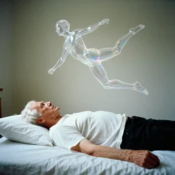 a 7 0 year old white haired man lays on a bed, a transparent iridescent figure levitates above him, by gregory crewdson, canon eos c 3 0 0, ƒ 1. 8, 3 5 mm, 8 k, medium - format print