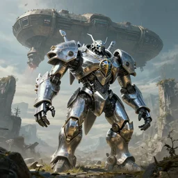 highly detailed elden ring portrait photo of a huge triangular chrome plated robotic golurk mumakil in scenic dystopian environment. an even bigger massive mothership lifts off in the background, hyperrealistic illustration by william didier - pouget