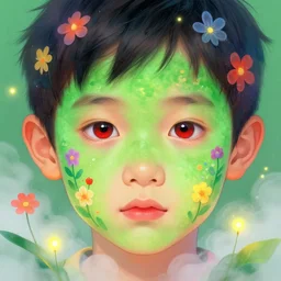 close - up potrait of an cute little japanese boy, a boy's face in paint, the boy has scarlet eyes, the boy is green, there are colorful fairy flowers and fog around the boy, fireflies around the boy, illustration by james jean, ha gyung, bright colors, detailed,