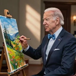 Joe Biden dressed as Bob Ross painting a visualization of dementia