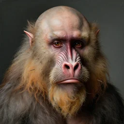 close up portrait of a mutant monster creature with mandrill - like nose, baldness, needles portruding through the cheeks, painted forehead, medusae beard. jan van eyck