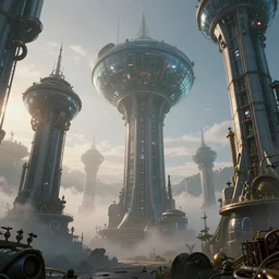 early morning, glass spaceship, tall structures, misty, unreal engine, artstation, steampunk