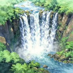 an epic makoto shinkai landscape with a waterfall, aerial view, in the style of graffuturism and watercolor, octane render