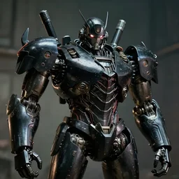 samurai inspired mecha real steel (2011) robot. Black reflective panels exposed wiring joints. Scowling angry face. Glowing eyes. intimidating cyberpunk style of Roger Deakins Jeremy Saulnier Newton Thomas Sigel Robert Elswit Greig Fraser trending rtx on ue5. 35mm Kodak Vision 2383 gritty atmospheric Bladerunner 2049