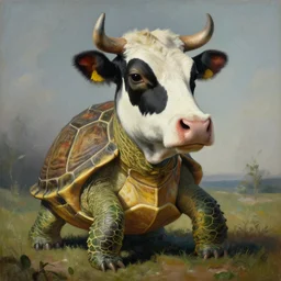 a turtle wearing a cow head, surrealism, painting by boris vallejo and michael whelan
