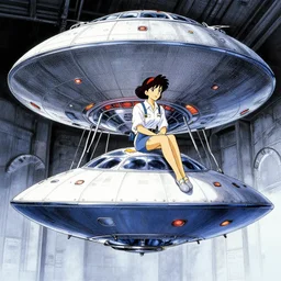a film still of a 1 9 5 0's mechanic anime girl sitting on top of flying ufo landing in hangar of giant ufo spaceship, intricate linework, sharp focus, full body mid shot, perfect art, trending on pixiv fanbox, painted by gaston bussiere, makoto shinkai, akihiko yoshida, gaston bussiere, craig mullins, studio ghibli