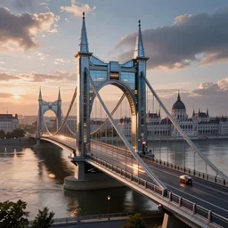 ultrarealistic photography futuristic solarpunk budapest chainbridge at dawn cinematic