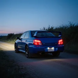Blue 1999 Subaru WRX driving down dirt road perfect composition twilight glowing red taillights cinematic movie still