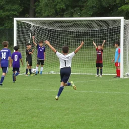 digital camera photo of a kid scored a goal in soccer match and run to celebrate with his friends. digital camera, dcim.