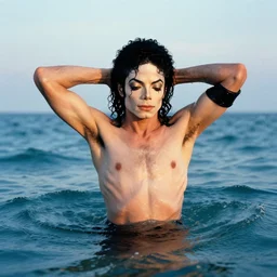 michael jackson emerges from the sea, his hands up behind his head, in the style of an athena print from the. ocean, sky. romantic. no shirt
