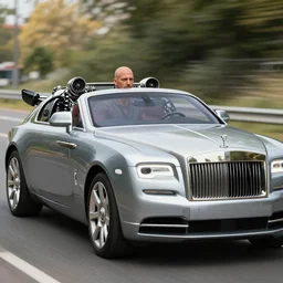 rolls royce wraith with jet engine attached driven by muscular balding man