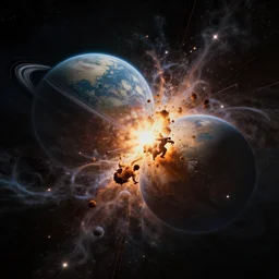 two planets collision in a dark matter explosion, cyberpunk dark fantasy, art by artgerm and karol bak and moebius and alphonse mucha and greg rutkowski, hyperdetailed, ultrarealistic, octane render