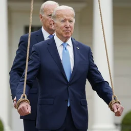 hyper realistic photograph of president joe biden with ropes attached to his hands like a puppet