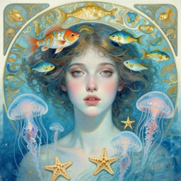 portrait of the gorgeous young goddess of the light blue water, unusually unique beauty, with swimming fish, small jellyfish, starfish, emotionally evoking symbolic metaphors, head in focus, fantasy, ornamental, intricate, elegant, sensual, highly detailed digital painting, artstation, concept art, painterly, golden ratio, sharp focus, illustration, art by john william godward and alphonse mucha and zdzisław beksinski,