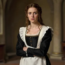 a medieval chambermaid of a noble house in her early thirties with a worried but driven expression, by Raymond Swanland Greg Rutkowski Lise Deharm, {perfect face}, {perfect eyes}, elegant regal posture