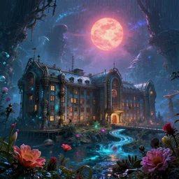 a beautiful very detailed highly detailed urbex military hospital by bernard tschumi, steampunk gem neptune nature elysian myst morning sun synthwave flowers extraterrestial fantasy magic realism evil uv light liberty city atlantis cosmic darkacademia azeroth at dawn made of glass rain night, archdaily, wallpaper, highly detailed, trending on artstation.