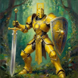 full body, attack position abstract painting in lush fantasy environment of a ornate holy mechanical warforged with circular glowing eye, character in yellow armor holding a legendary paladin engraved holy great longsword and carrying a huge heavy paladin shield, vertically flat head, face in focus, epic , trending on ArtStation, masterpiece, cinematic lighting, by Ross Tran, by Delphin Enjolras, by Ruan Jia, by Greg Rutkowski