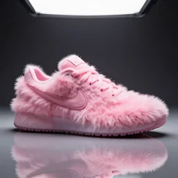 nike shoe made of very fluffy pink faux fur placed on reflective surface, professional advertising, overhead lighting, heavy detail, realistic by nate vanhook, mark miner