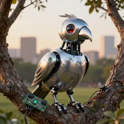 robot parrot bird with chrome beak, metal wings, perched in a park tree at golden hour, city background, led lights, electronics circuit board and wires, grunge and dirt, glowing eye, sharp details, octane render, designed by apple and tesla