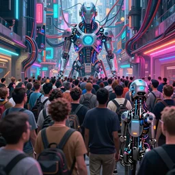 crowded place, many people, gathering, people, cyberpunk, bionics, augments, lights, cables, colorful, vivid, imposing, epic, digital painting, artstation, concept art, by peter mohrbacher and wlop and rhads,
