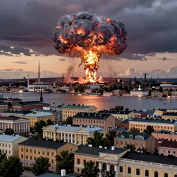 highly detailed and realistic renaissance era concept art of Helsinki city skyline at dusk with a nuclear explosion in the horizon