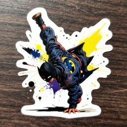 die cut sticker, batman breakdancing in techwear splatter paint