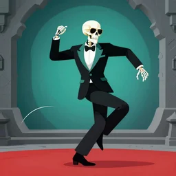 a skeleton in sunglasses and an elegant suit dancing, digital art, teal and red color palette, gray dungeon background, very realistic, artstation, hotline miami promo art