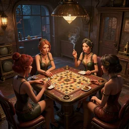 women in the interior of a steampunk apartment, by Milo Manara, 3d scene, render, night time, smoking cigarettes, playing board games, artstation, cgsociety, unreal engine, 3d scene, zenith view