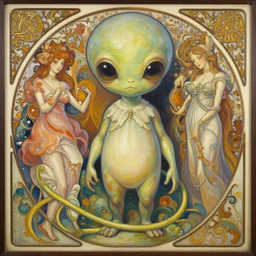 an hyper intricate oil painting of an anthropomorphic cute alien!!!!!, hyper detailed body, surreal, excellent composition, by yoshitaka amano, by greg rutkowski, by alphonse mucha, by rhads, by ross tran, trending on artstation