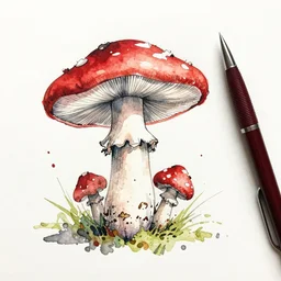 pena and ink drawing by jean - baptiste monge water color on white paper watercolor sketch mushroom hard edges, pencil lines, drips, runs, spatter, details. red chrome. jean - baptiste monge!!!!!