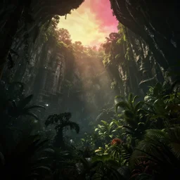 a beautiful render of a dark prehistoric rainforest in a humongous cave, lush flora, patches of yellowish - red - magenta sky, sunset lighting, military industrial complex, intricate detail, hazy, humid, volumetric lighting, god rays, 8 k, photorealistic, raytracing effects, unreal engine 5