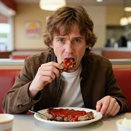 portrait young luke skywalker sitting at a denny's restaurant eating a steak covered in ketchup