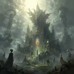 an alien planet, a view to an eerie fantasy world, matte painting, ethereal back light, mist, coherent composition, detailed fantasy painting by artgerm, noriyoshi ohrai, yuumei, stephen bliss, unreal engine, fantasy art by greg rutkowski, loish, rhads, ferdinand knab, makoto shinkai, lois van baarle, ilya kuvshinov, rossdraws, tom bagshaw, alphonse mucha, global illumination, radiant light, detailed and intricate environment