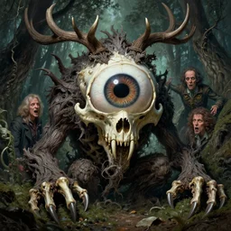 hyperdetailed art nouveau portrait of treebeard as a cthulhu eyeball skull dragon chimera, by geof darrow, simon bisley and bill sienkiewicz, grim yet sparkling atmosphere, photorealism, claws, skeleton, antlers, fangs, forest, wild, crazy, horror, lynn varley, lovern kindzierski, steve oliff